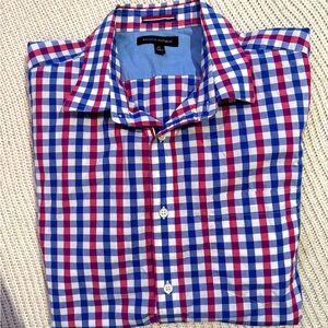 Banana Republic Red White & Blue Check Short Sleeve Button Front Shirt, XL